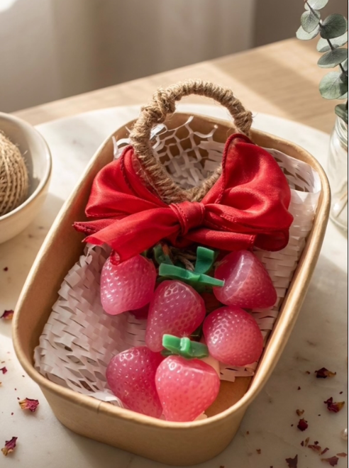 Savons artisanaux en forme de fraise dans un panier cadeau